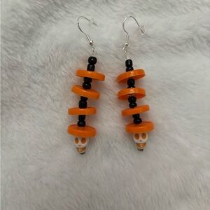 Halloween Orange and Black Beaded Medicine Cap Earrings Upcycled Day of The Dead